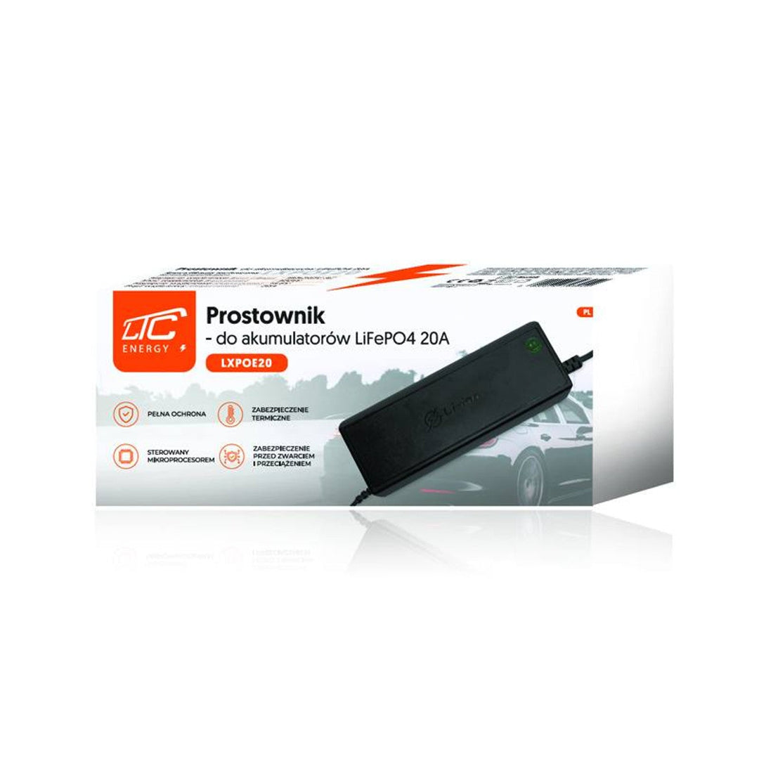 LiFePO4 LTC Energy batterioplader, BMS-system, 20 A, 230/14,6 V, effekt 300 W, indbyggede sikkerhedsforanstaltninger, LXPOE20