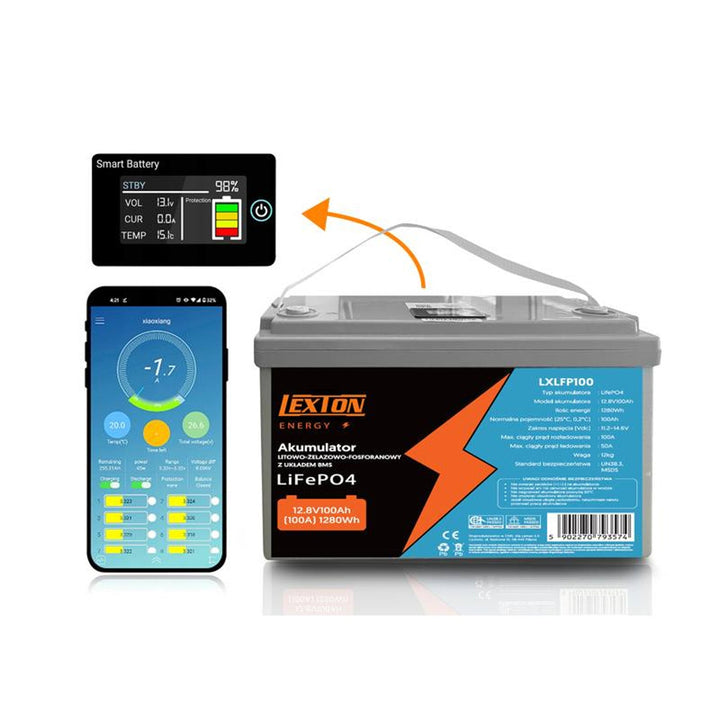 LiFePo4 Lexton lithium-jern-fosfat-batteri med BMS-system, 12,8 V, 100 Ah, LXLFP100