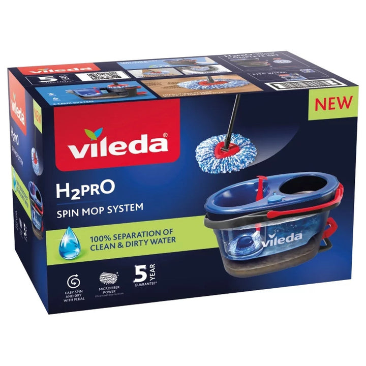 Vileda roterende moppe, to kamre, centrifugeringssystem, sammenklappelig stang, nem rengøring af hjørner, turbo H2prO