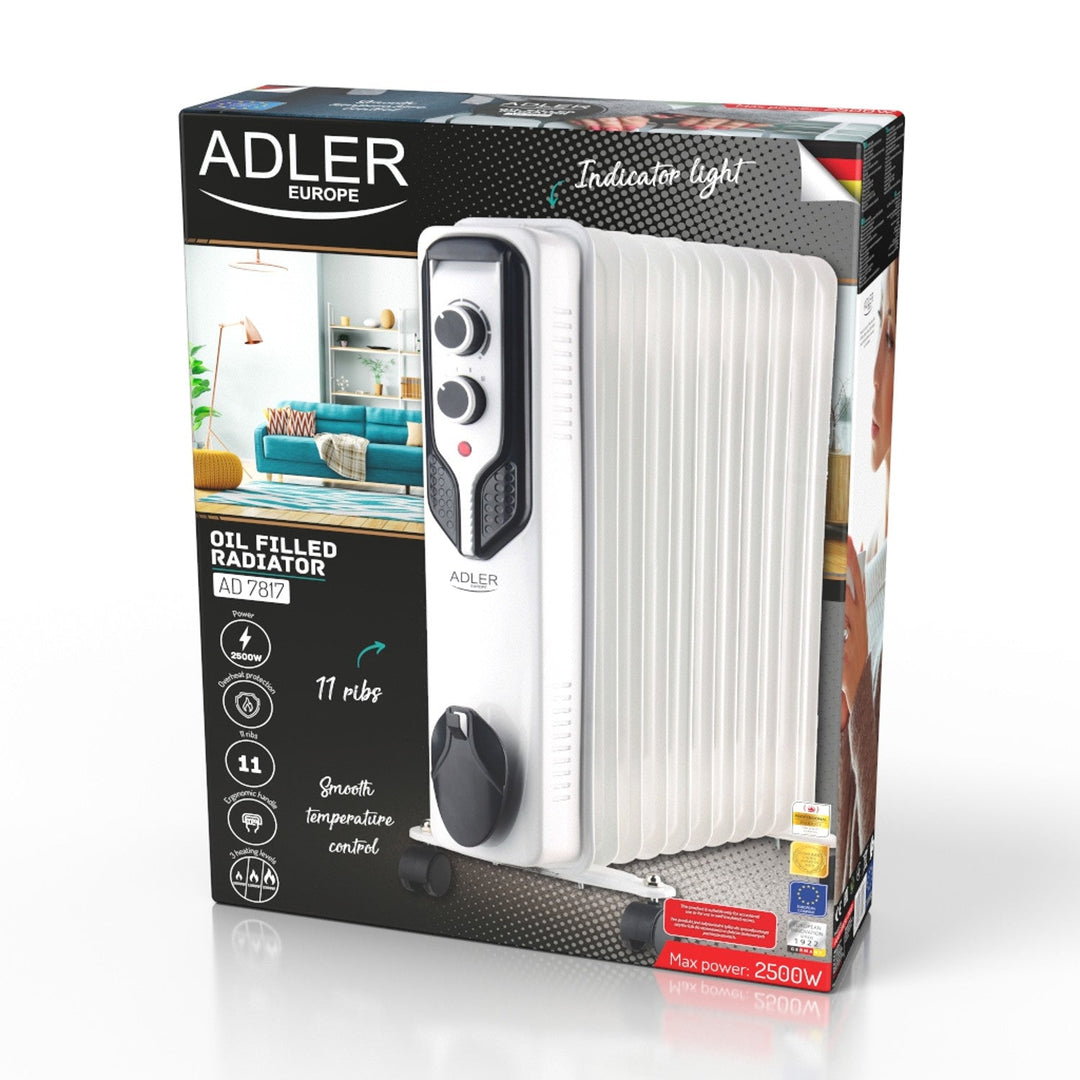 Adler olieradiator, 11 ribber, effekt 2500 W, 3 varmetrin, hvid, AD 7817