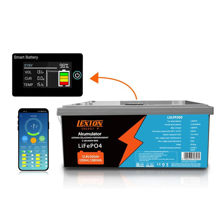 LiFePo4 Lexton lithium-jern-fosfat-batteri med BMS-system, 12,8 V, 200 Ah, LXLFP200 + oplader til LiFePO4-batterier LTC Energy