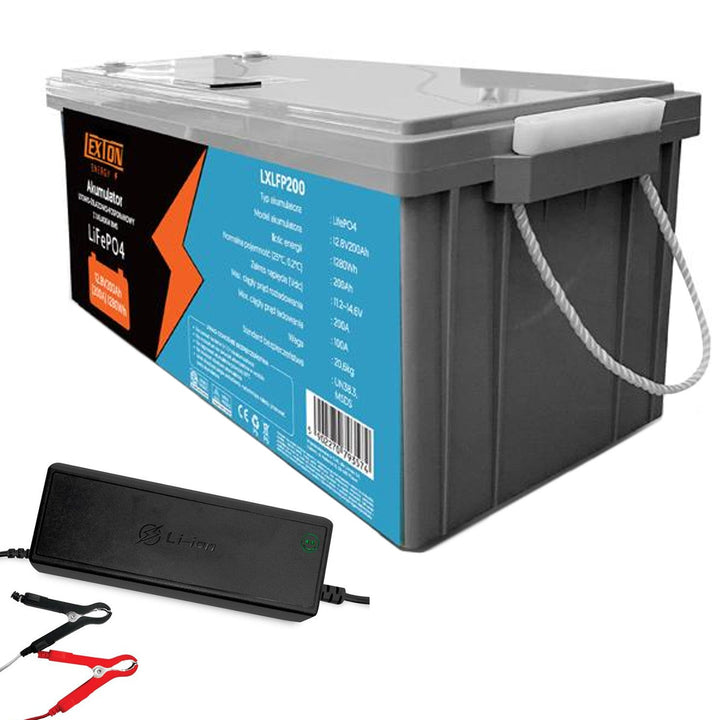 LiFePo4 Lexton lithium-jern-fosfat-batteri med BMS-system, 12,8 V, 200 Ah, LXLFP200 + oplader til LiFePO4-batterier LTC Energy