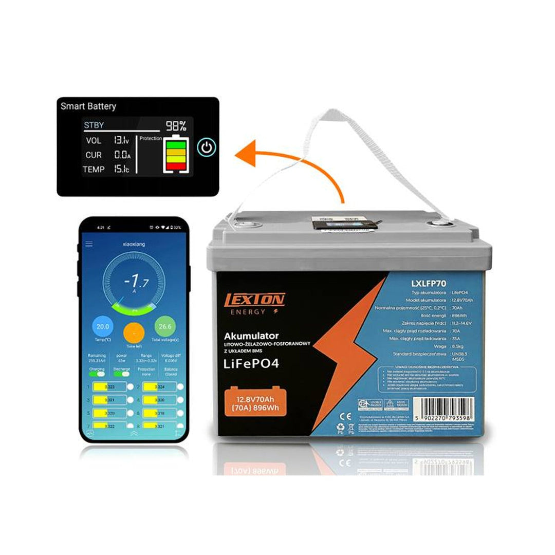LiFePo4 Lexton lithium-jern-fosfat-batteri med BMS-system, 12,8 V, 70 Ah, LXLFP70 + oplader til LiFePO4-batterier LTC Energy