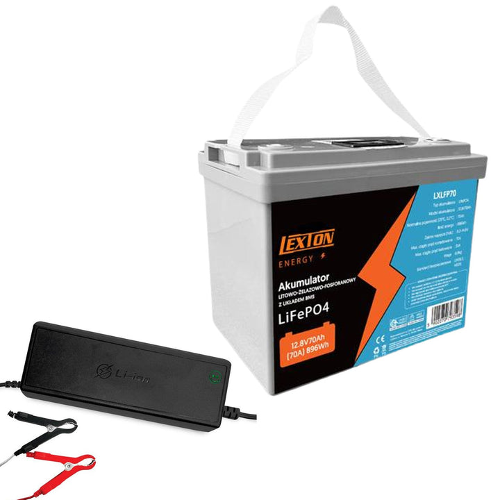 LiFePo4 Lexton lithium-jern-fosfat-batteri med BMS-system, 12,8 V, 70 Ah, LXLFP70 + oplader til LiFePO4-batterier LTC Energy