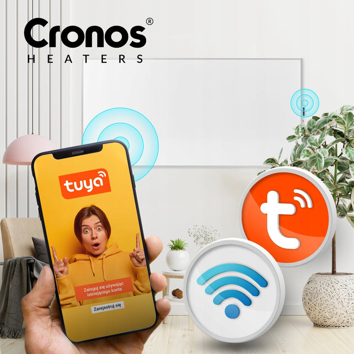Cronos infrarød varmeapparat, 770 W, styret via smartphone, indbygget termostat, konverteringsgrad 98 %, IP44-beskyttelse, Synthelith PRO CRP-770TWP