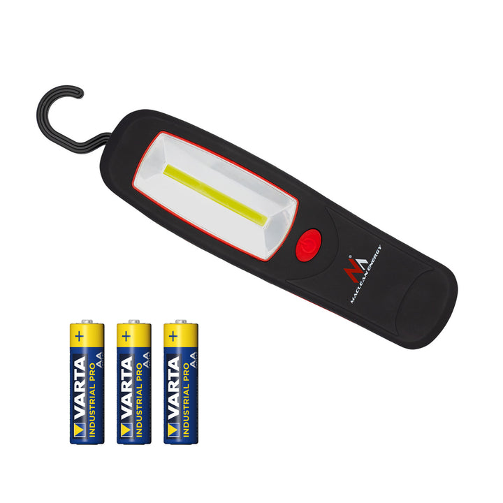 Maclean COB LED-værkstedslampe, magnet, krog, 3xAA, MCE03 + 3x Varta Industrial LR6/AA R-06-batterier