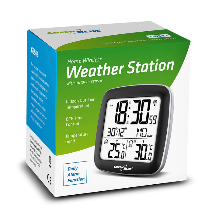 GreenBlue trådløs vejrstation med DCF-system, kalender, alarm, GB542 + 4x AAA-alkalibatteri fra Varta Industrial