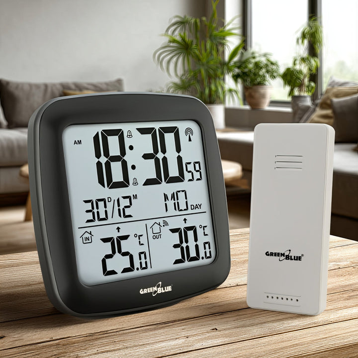 GreenBlue trådløs vejrstation med DCF-system, kalender, alarm, GB542 + 4x AAA-alkalibatteri fra Varta Industrial