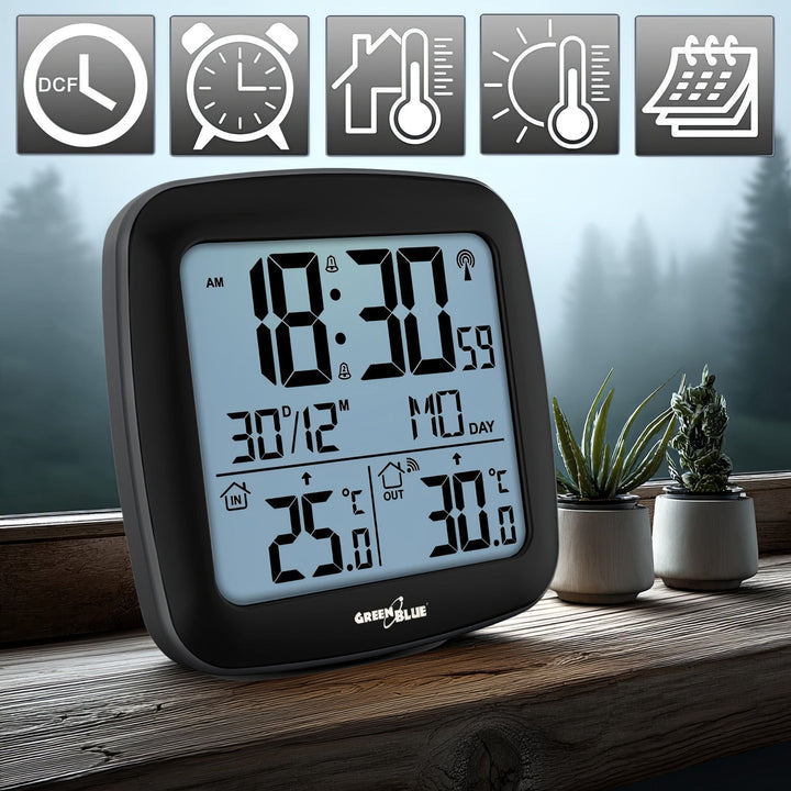 GreenBlue trådløs vejrstation med DCF-system, kalender, alarm, GB542 + 4x AAA-alkalibatteri fra Varta Industrial