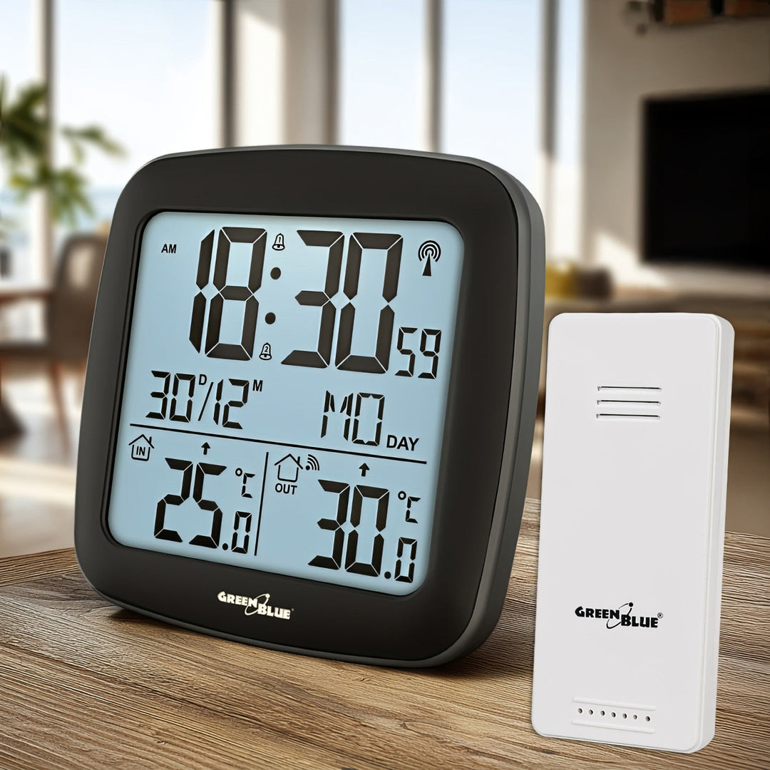 GreenBlue trådløs vejrstation med DCF-system, kalender, alarm, GB542 + 4x AAA-alkalibatteri fra Varta Industrial