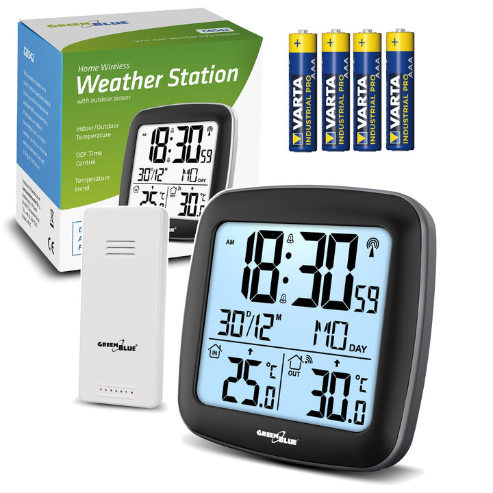 GreenBlue trådløs vejrstation med DCF-system, kalender, alarm, GB542 + 4x AAA-alkalibatteri fra Varta Industrial