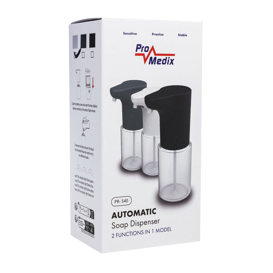 Promedix automatisk dispenser, dispenserbeholder til flydende sæbe, desinfektionsmidler, 300 ml, hvid, PR-540 W + 4 AA-batterier fra Varta Industrial