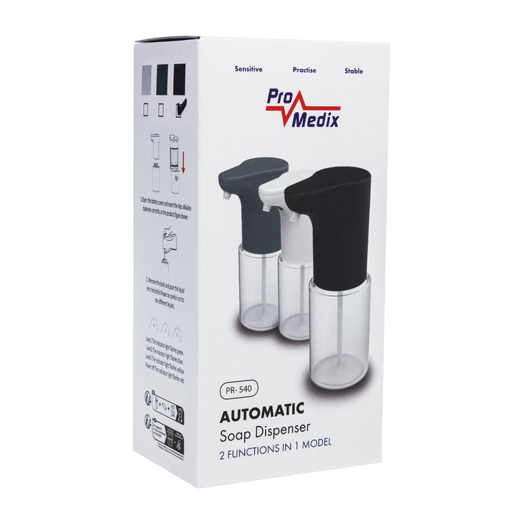 Promedix automatisk dispenser, dispenserbeholder til flydende sæbe, desinfektionsmidler, 300 ml, sort, PR-540 B + 4 AA-batterier fra Varta Industrial
