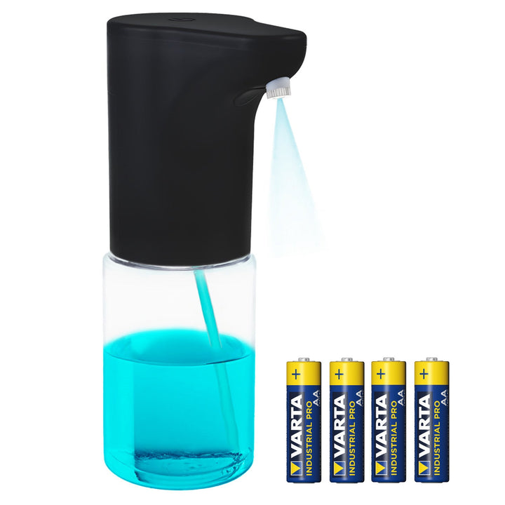 Promedix automatisk dispenser, dispenserbeholder til flydende sæbe, desinfektionsmidler, 300 ml, sort, PR-540 B + 4 AA-batterier fra Varta Industrial
