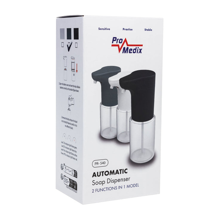 Promedix automatisk dispenser, dispenserbeholder til flydende sæbe, desinfektionsmidler, 300 ml, grå, PR-540 GR + 4 AA-batterier fra Varta Industrial