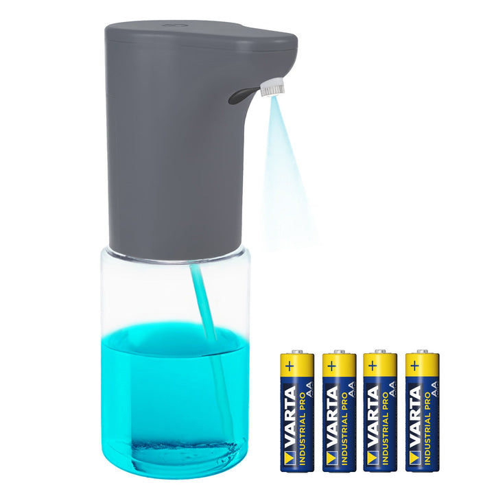 Promedix automatisk dispenser, dispenserbeholder til flydende sæbe, desinfektionsmidler, 300 ml, grå, PR-540 GR + 4 AA-batterier fra Varta Industrial