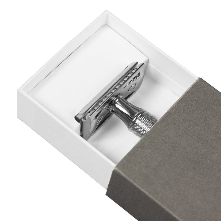 Traditionel barbermaskine til barberblade, forkromet messing, MÜHLE R89