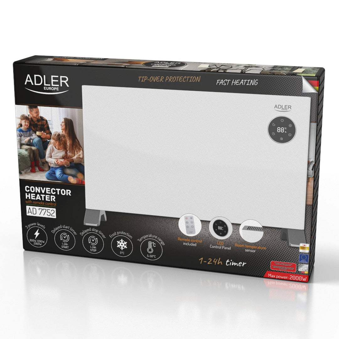 Adler konvektorvarmer, LED-display, fjernbetjening, 3 varmeindstillinger, termostat, maks. 2000 W, AD 7752