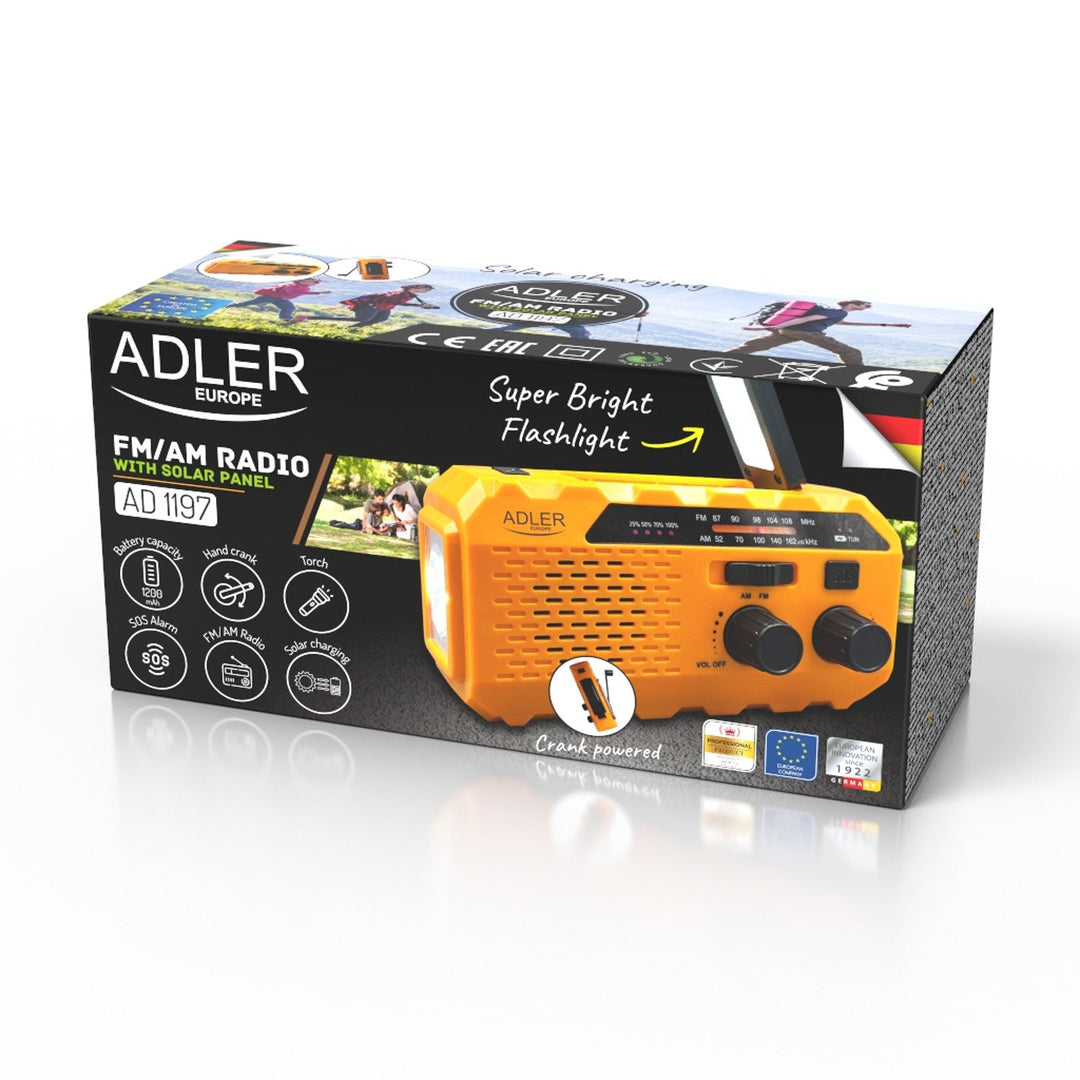 Adler solcelle-radio, 1200 mAh batteri, lommelygte, håndsving, AD 1197