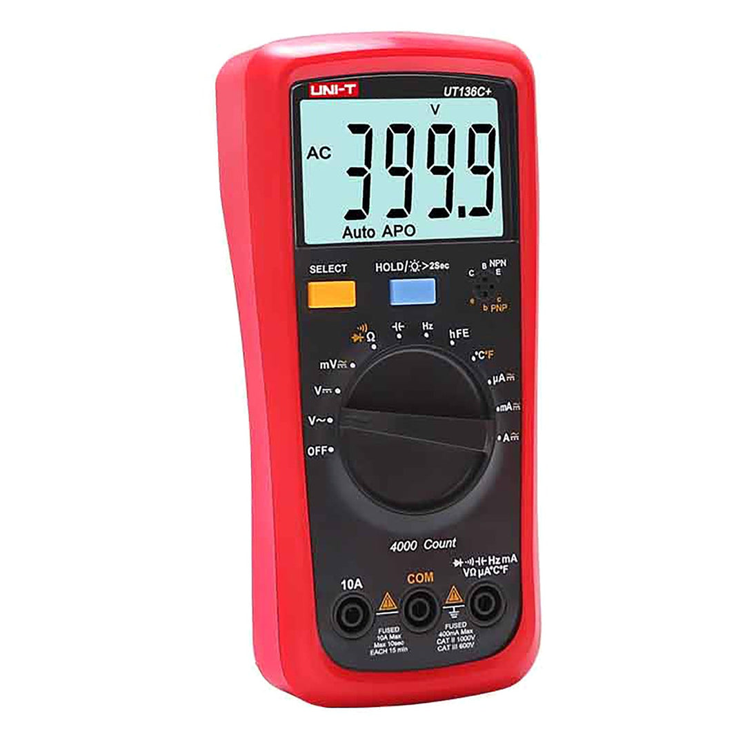 Uni-T universal digital måler, måling af spænding, strømstyrke, målekabler, temperatursonde medfølger, UT136C+