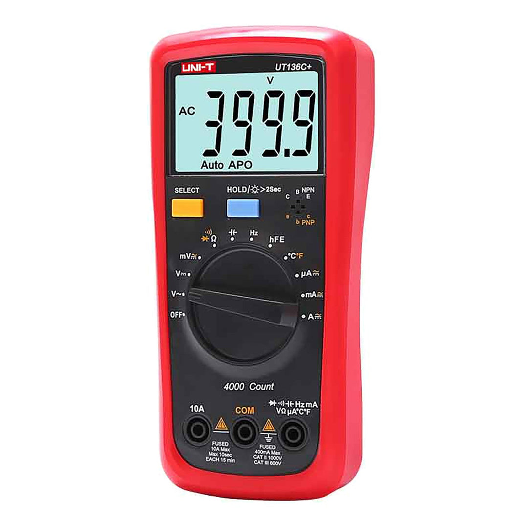 Uni-T universal digital måler, måling af spænding, strømstyrke, målekabler, temperatursonde medfølger, UT136C+