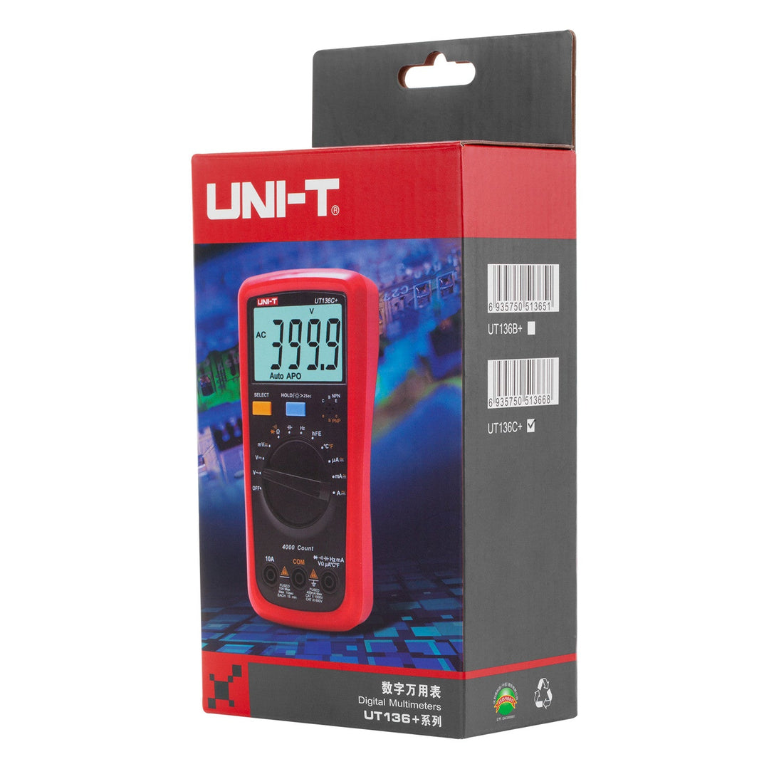 Uni-T universal digital måler, måling af spænding, strømstyrke, målekabler, temperatursonde medfølger, UT136C+