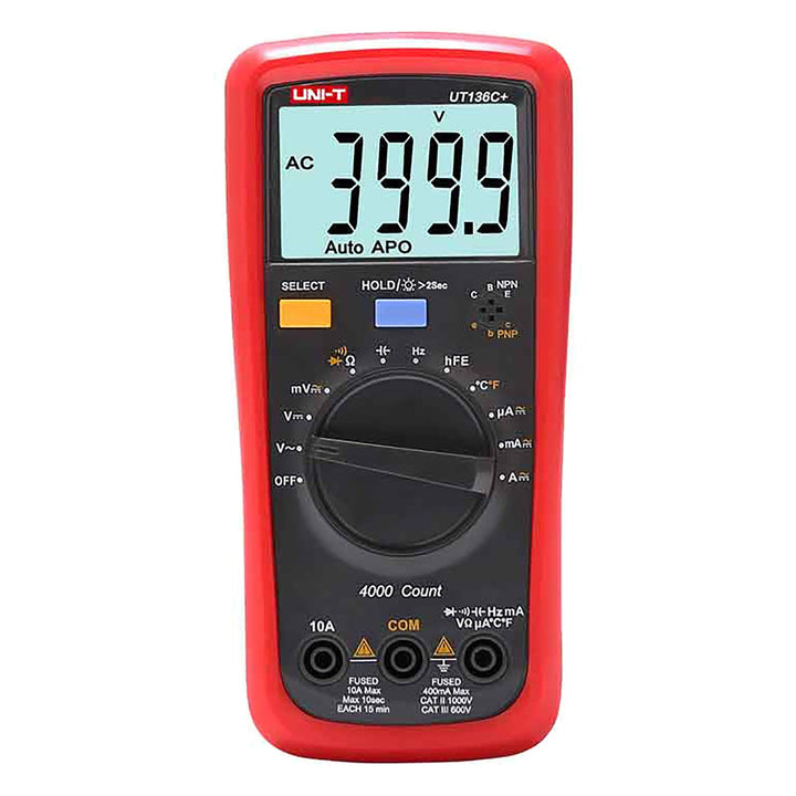 Uni-T universal digital måler, måling af spænding, strømstyrke, målekabler, temperatursonde medfølger, UT136C+