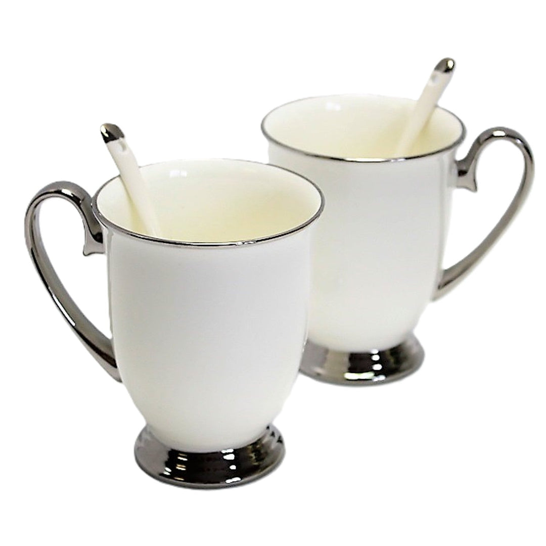 Krus, hvide, 2 stk. Forkromede håndtag, skeer, porcelæn, elegante, Queen Isabel