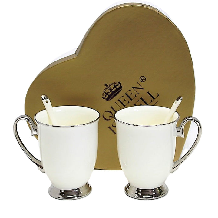 Krus, hvide, 2 stk. Forkromede håndtag, skeer, porcelæn, elegante, Queen Isabel