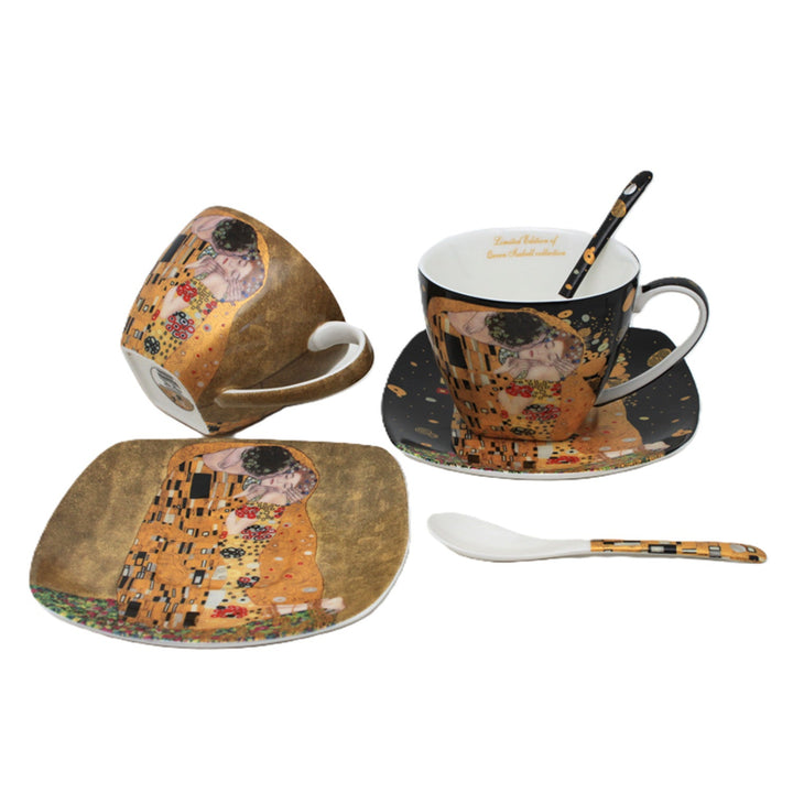 Sæt med 2 porcelænskopper Queen Isabell, motiv Klimts Kys, skeer, 250 ml, W25KL60-2-19000