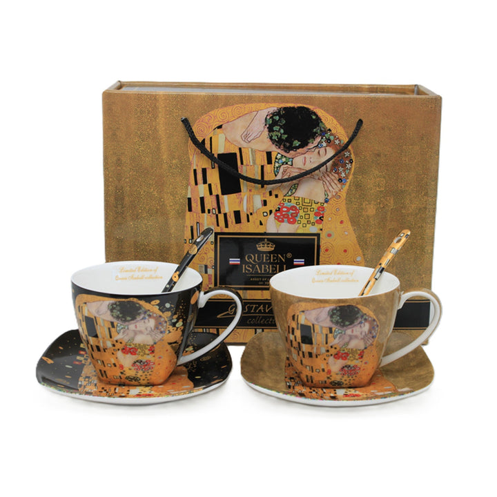 Sæt med 2 porcelænskopper Queen Isabell, motiv Klimts Kys, skeer, 250 ml, W25KL60-2-19000