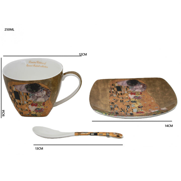 Sæt med 2 porcelænskopper Queen Isabell, motiv Klimts Kys, skeer, 250 ml, W25KL60-2-19000