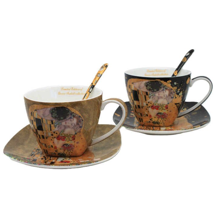 Sæt med 2 porcelænskopper Queen Isabell, motiv Klimts Kys, skeer, 250 ml, W25KL60-2-19000