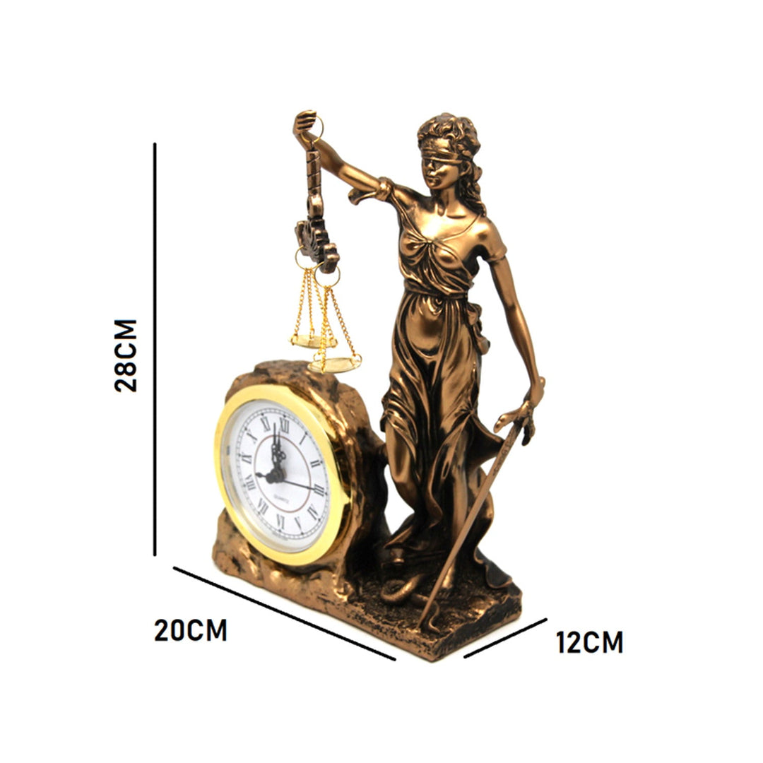 Figur af Themis, gudinde for retfærdighed, ur, dronning Isabel