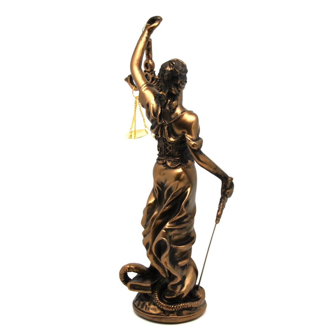 Figur af Themis med vægt og sværd, bronze-skulptur med juridisk tema, Queen Isabel