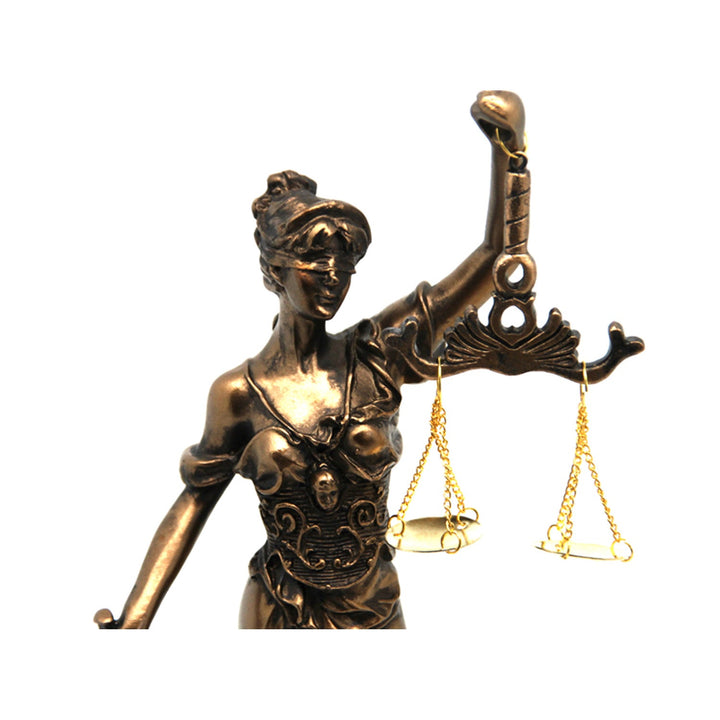 Figur af Themis med vægt og sværd, bronze-skulptur med juridisk tema, Queen Isabel