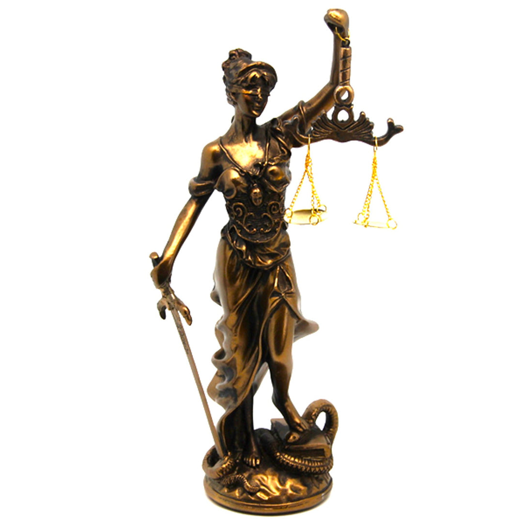 Figur af Themis med vægt og sværd, bronze-skulptur med juridisk tema, Queen Isabel