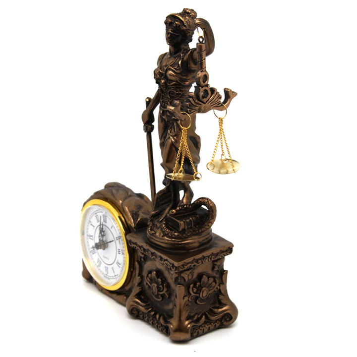 Figur af Themis med vægt og sværd, ur, bronzeornament, dronning Isabel