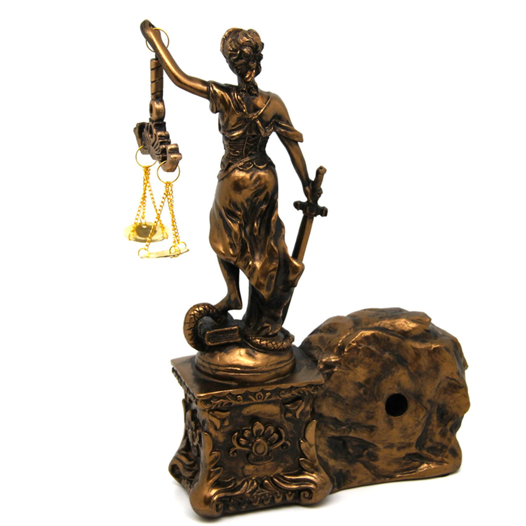 Figur af Themis med vægt og sværd, ur, bronzeornament, dronning Isabel