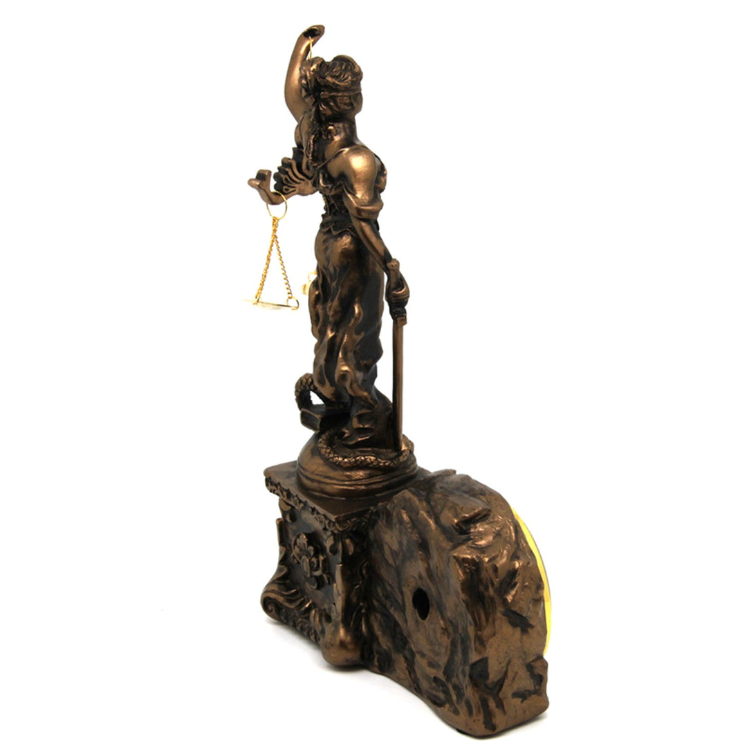 Figur af Themis med vægt og sværd, ur, bronzeornament, dronning Isabel