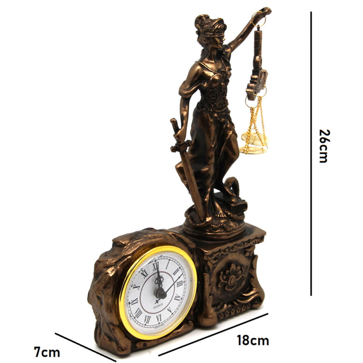 Figur af Themis med vægt og sværd, ur, bronzeornament, dronning Isabel