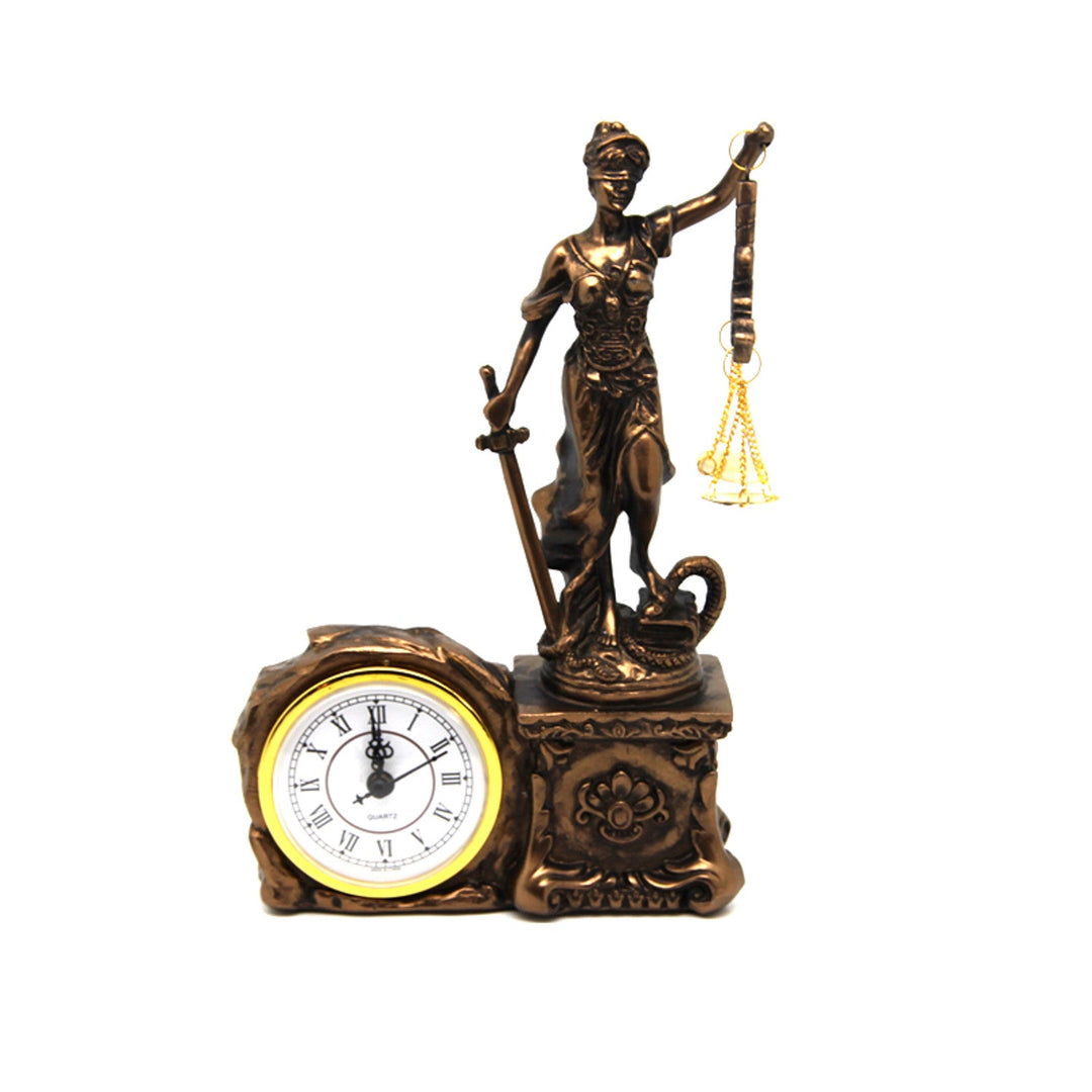 Figur af Themis med vægt og sværd, ur, bronzeornament, dronning Isabel