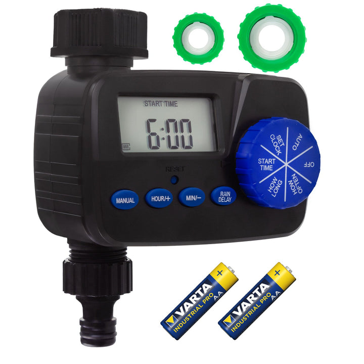 GreenBlue elektronisk vandingsstyring, programmeringsenhed, strømforsyning 2x1,5V AA, GB390 + 2x AA alkalisk batteri Varta Industrial