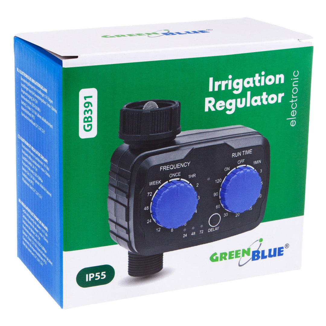 GreenBlue elektronisk vandingskontrol, programmeringsenhed, strømforsyning 2x 1,5V AA, GB391 + 2x AA alkalisk batteri Varta Industrial