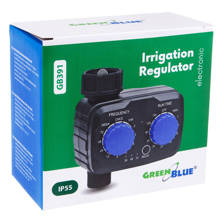 GreenBlue elektronisk vandingskontrol, programmeringsenhed, strømforsyning 2x 1,5V AA, GB391 + 2x AA alkalisk batteri Varta Industrial