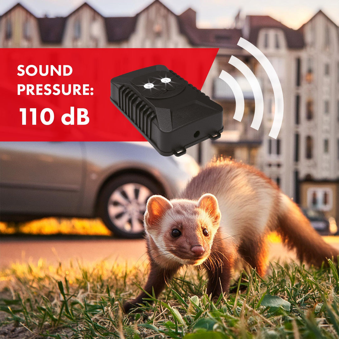 GreenBlue GB725 gnaver- og mårdyrskræmmer med ultralyd og LED-dioder + 4x AA-batterier fra Varta Industrial