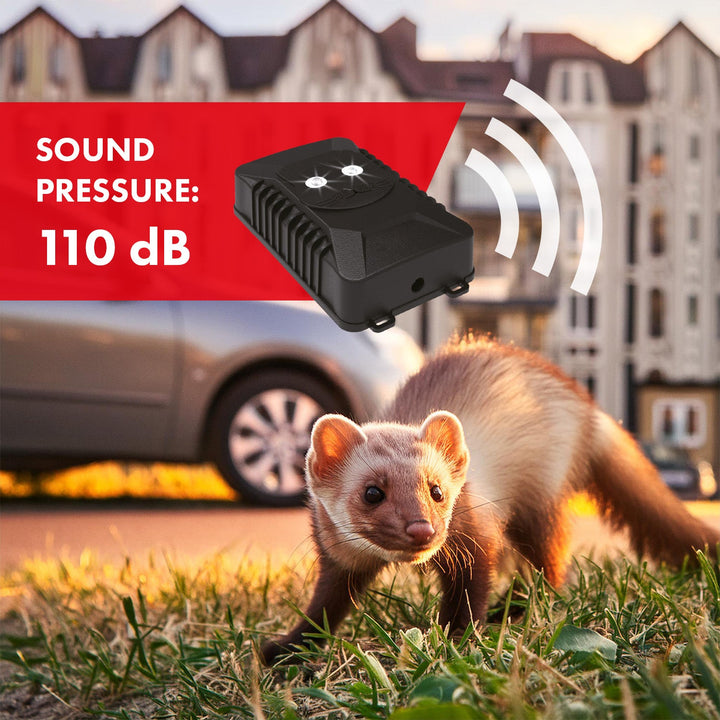 GreenBlue GB725 gnaver- og mårdyrskræmmer med ultralyd og LED-dioder + 4x AA-batterier fra Varta Industrial