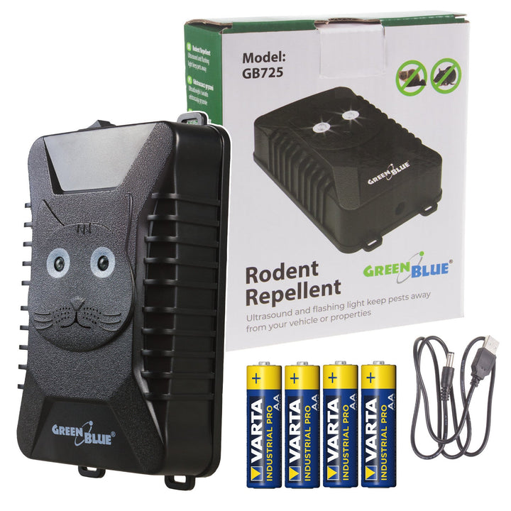 GreenBlue GB725 gnaver- og mårdyrskræmmer med ultralyd og LED-dioder + 4x AA-batterier fra Varta Industrial
