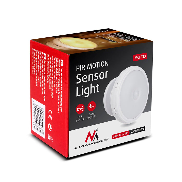 LED-lampe med bevægelsessensor Maclean, magnet, baggrundsbelysning, lysfunktioner: kontinuerlig, PIR-sensor, 3xAAA, MCE223 + 3 x Varta Industrial-batterier