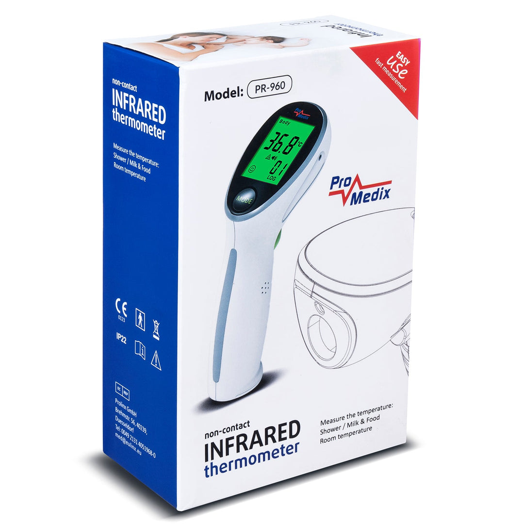 Promedix PR-960 berøringsfri infrarød medicinsk termometer + 2x AAA-batteri fra Varta Industrial
